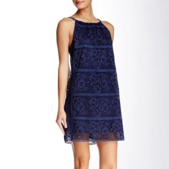 Max Studio Blue Black Floral Lace Print Sleeveless Mini Slip Dress Size Medium - Picture 1 of 7